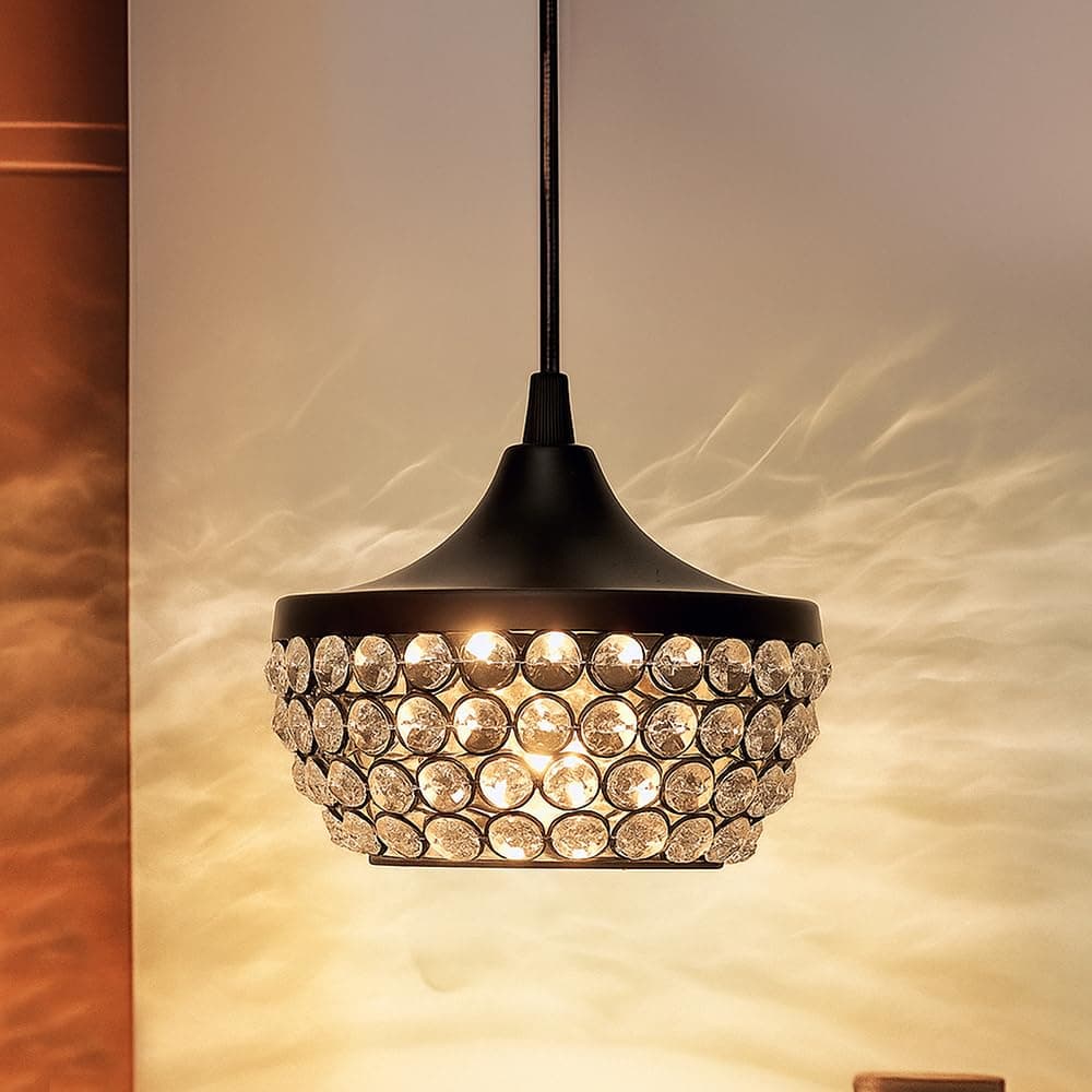Crystal Pendant Light - Modern Black Hanging Ceiling Lamp with Sparkling Crystals, Decorative Lighting for Dining Room, Living Room, Bedroom, Kitchen Island - Elegant Chandelier Style(Black)