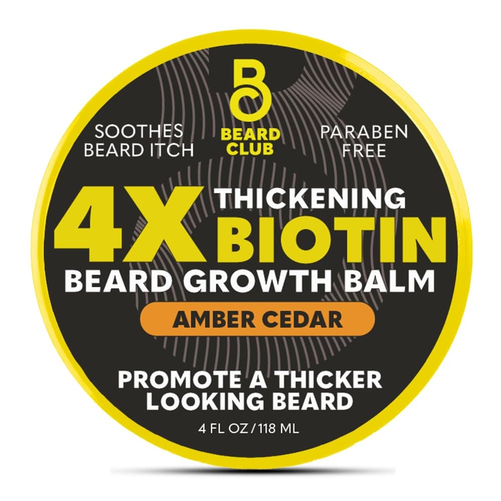 The Beard Club Biotin Beard Balm for Men - Beard Growth Shea Butter with Castor & Coconut Oil - Moisturizing, Hydrating and Softening Cream - Amber Cedar Scent - 4 oz