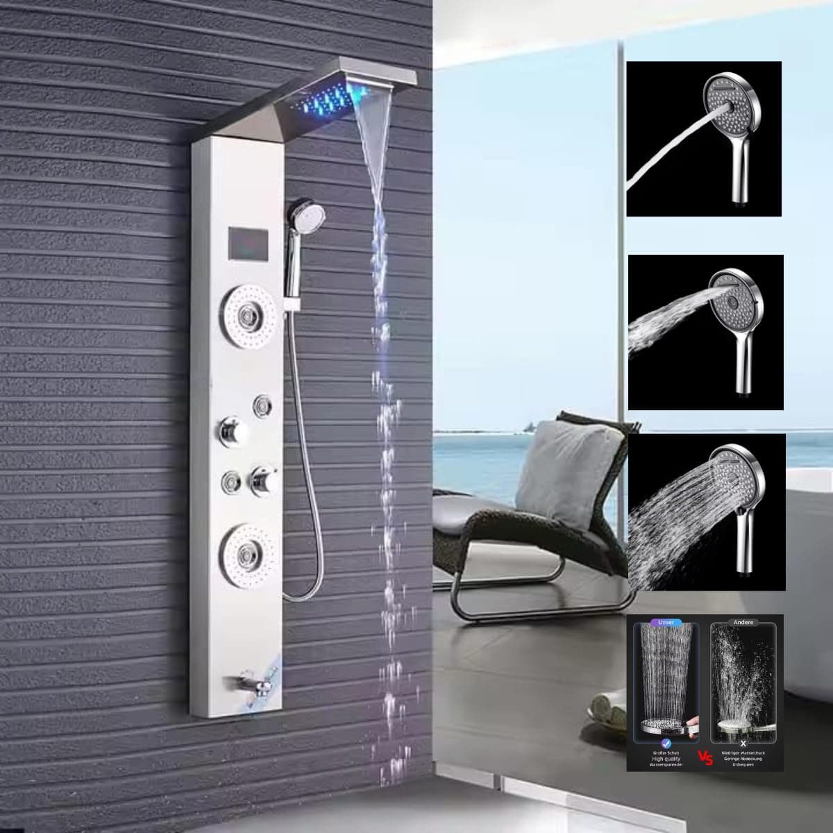 6-in-1 Stainless Steel 304 Shower Panel | Rainfall & Waterfall Shower | Body Massage Jets | Hand Shower | Tub Spout | Hot & Cold Mixer | Chrome Finish