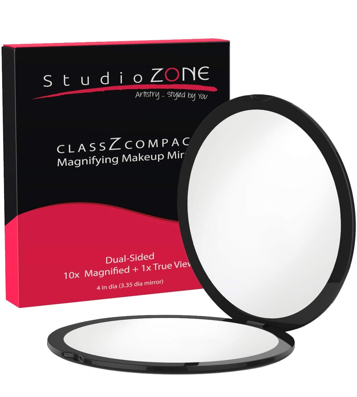Compact Mirror - 10X Magnifying Mirror - Perfect for Purses - Small Travel Size - 2-Sided with 10X magnification and 1x w No Zoom - Black ClassZ Large Compact Mirrors for Women - 4 Inch Diameter