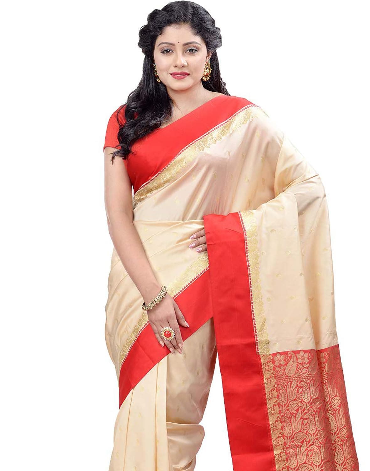 dB DESH BIDESH Women's Tant Cotton Saree With Blouse Piece Free Size Off-White and Red