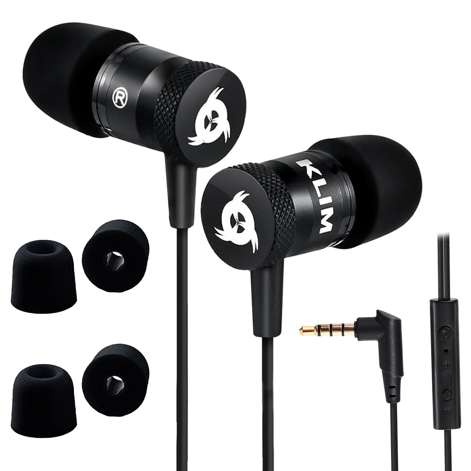 KLIM Fusion Earbuds with Microphone - New - Innovative: in-Ear with Memory Foam - Long-Lasting Wired Ear Buds - Earphones with Mic and 3.5mm Jack - Black