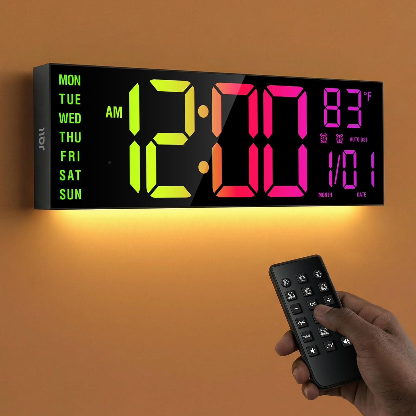 JALL 16" Large Digital Wall Clock with Remote Control, Dual Alarm with Big LED Screen Dispaly, 8 RGB Colors, Auto DST, Temperature for Living Room, Bedroom, Desk Decor, Mounted, Gift for Elderly