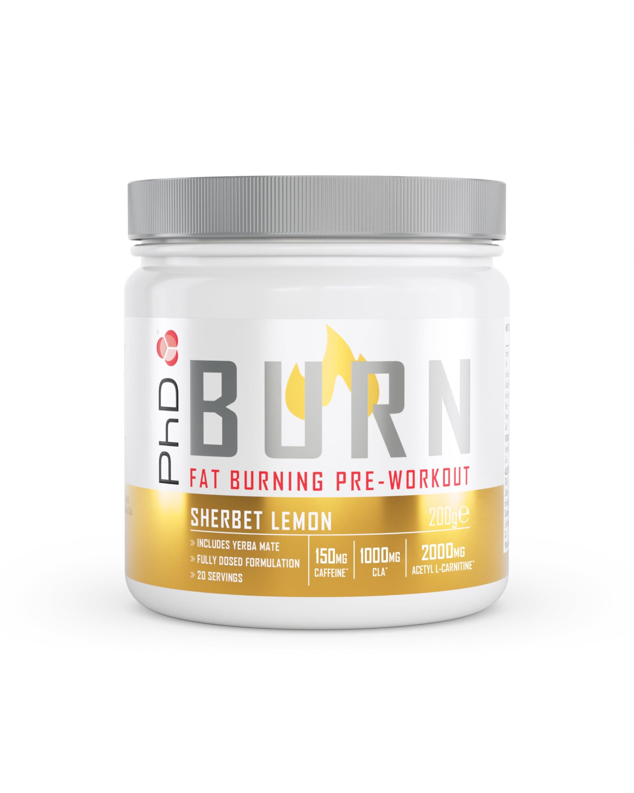 PhD Burn Pre Workout Powder with L Carnitine for Women and Men, Rich in CLA, High Caffeine for pre-Workout, Sherbert Lemon Flavour, 20 Servings (200g)