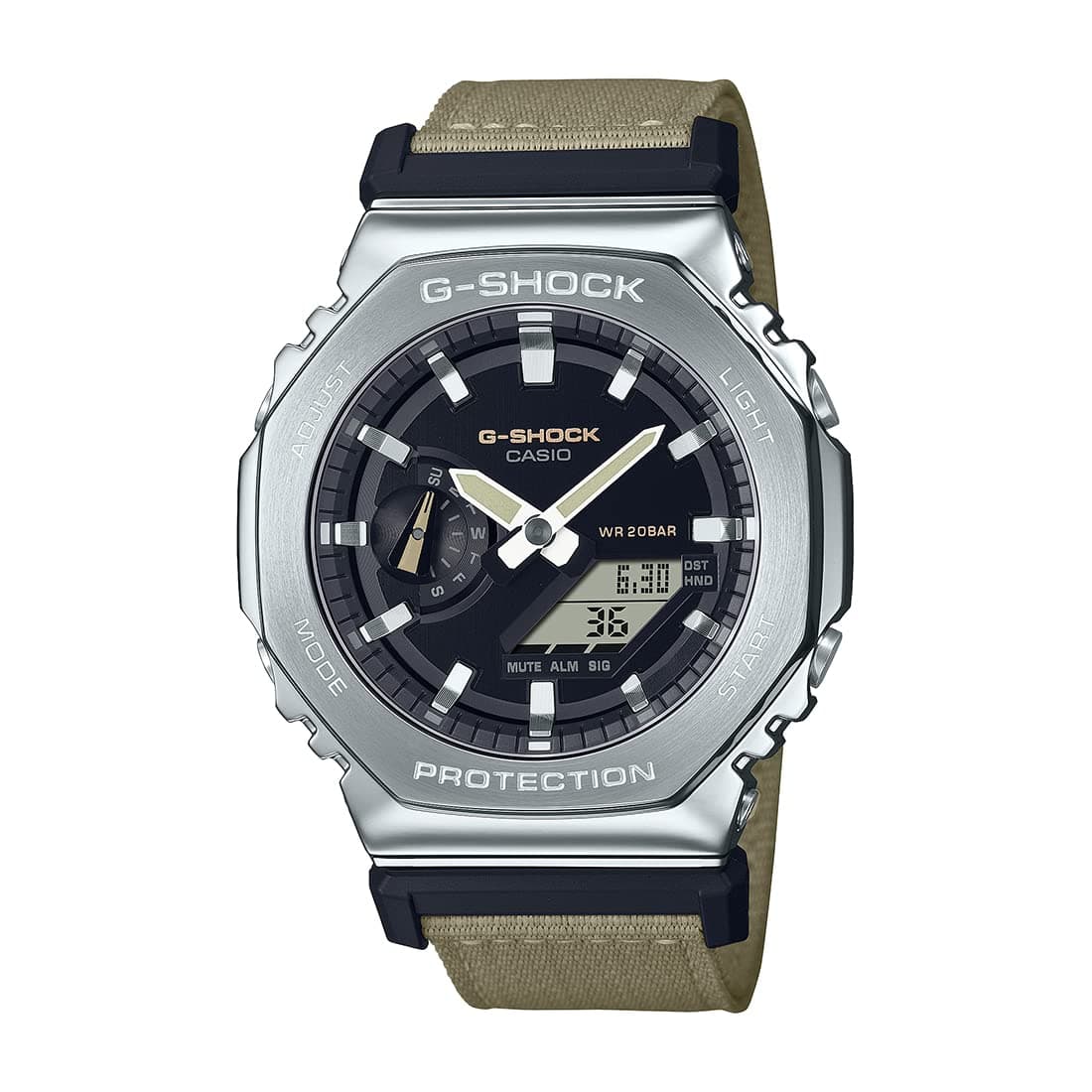 Casio Gm-2100C-5Adr Black Analog-Digital Dial Brown Cloth Band Men's Watch Shock and 200M Water Resistant G1372