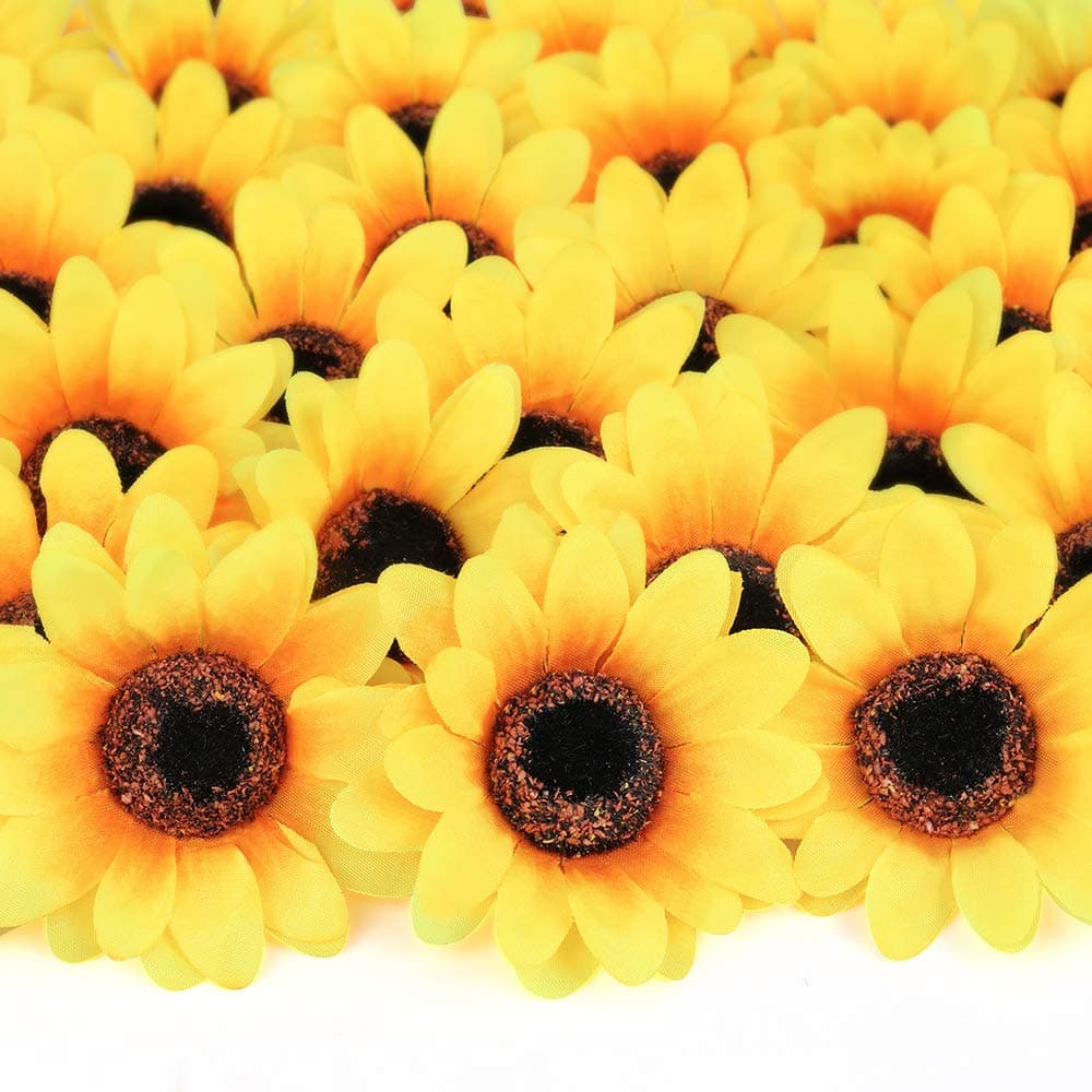 Mocoosy 100Pcs Artificial Sunflower Heads 2.8" - Yellow Small Silk Sun Flowers Bulk for Wedding Home Garden Party Decoration Fake Flower Crafts Accessories DIY Decor