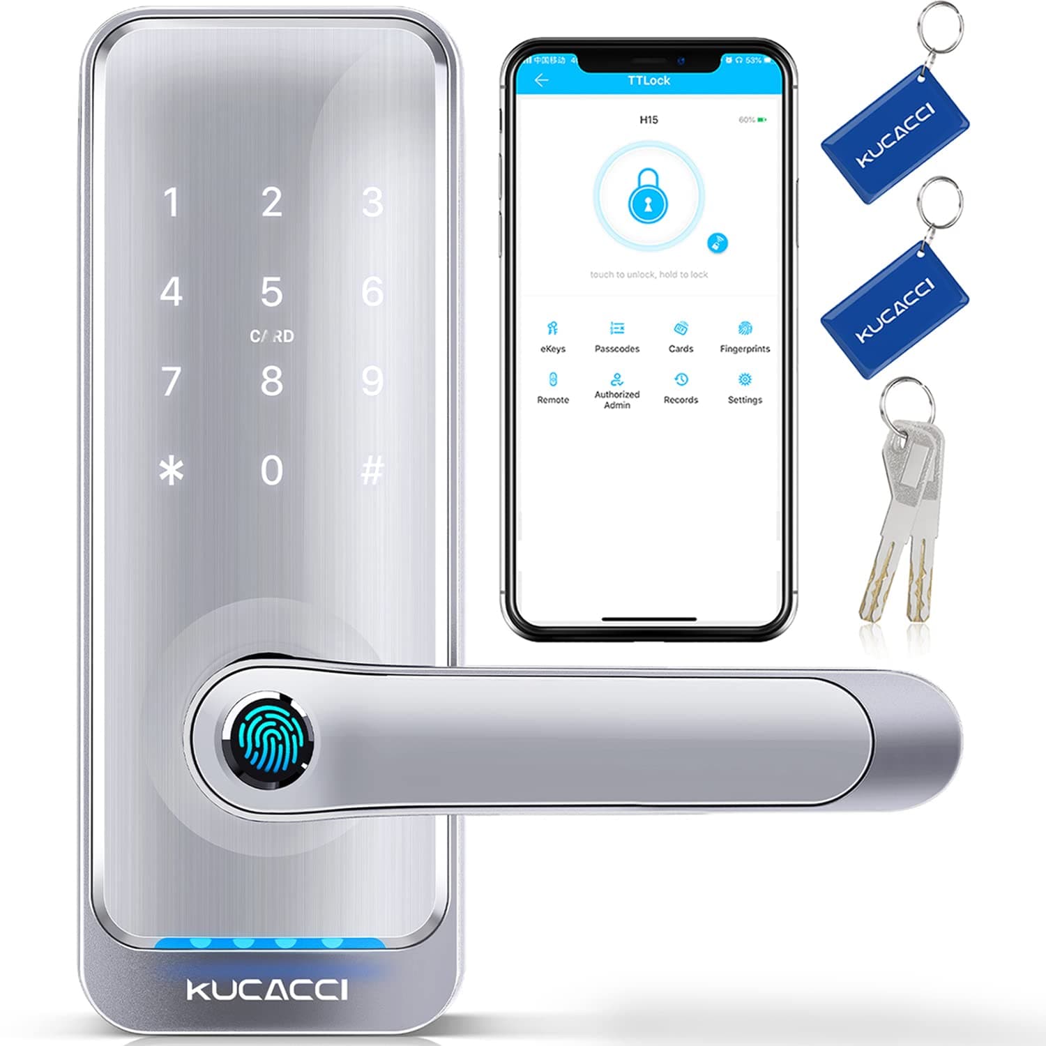 KUCACCI Smart Locks for Front Door, Smart Lock, Fingerprint Door Lock, Keyless Entry Door Lock with Handle, Door Locks with Keypads, Biometric Door Lock, Smart Home Door Lock Security(Silver)