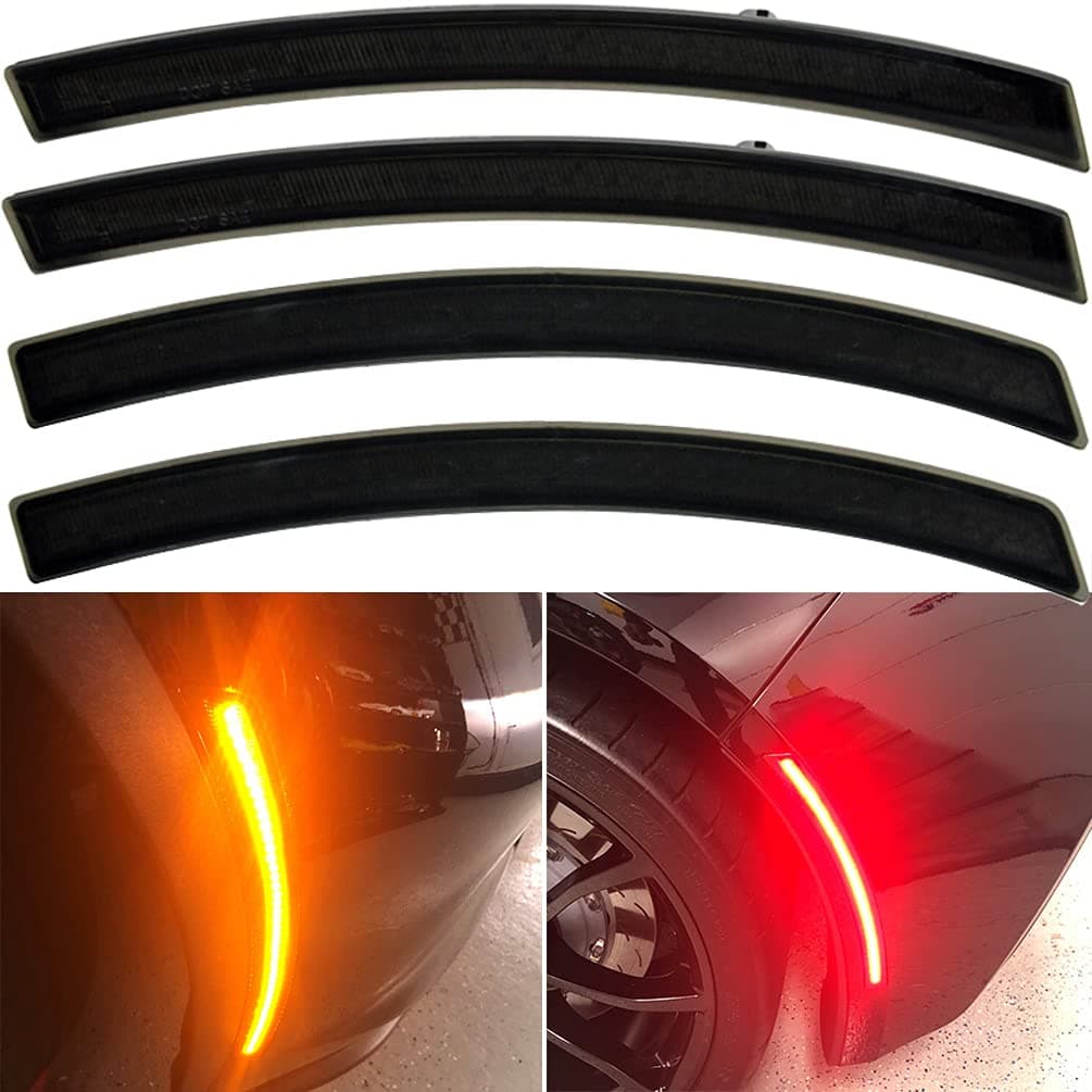 Smoked Lens Corvette C7 LED Front Rear Side Marker Lamps for 2014 2015 2016 2017 2018 2019 Chevy Corvette Grand Sport Stingray Z06 ZR1 Red Amber LED Turn Singal Light Kits Sidemarker Lamps
