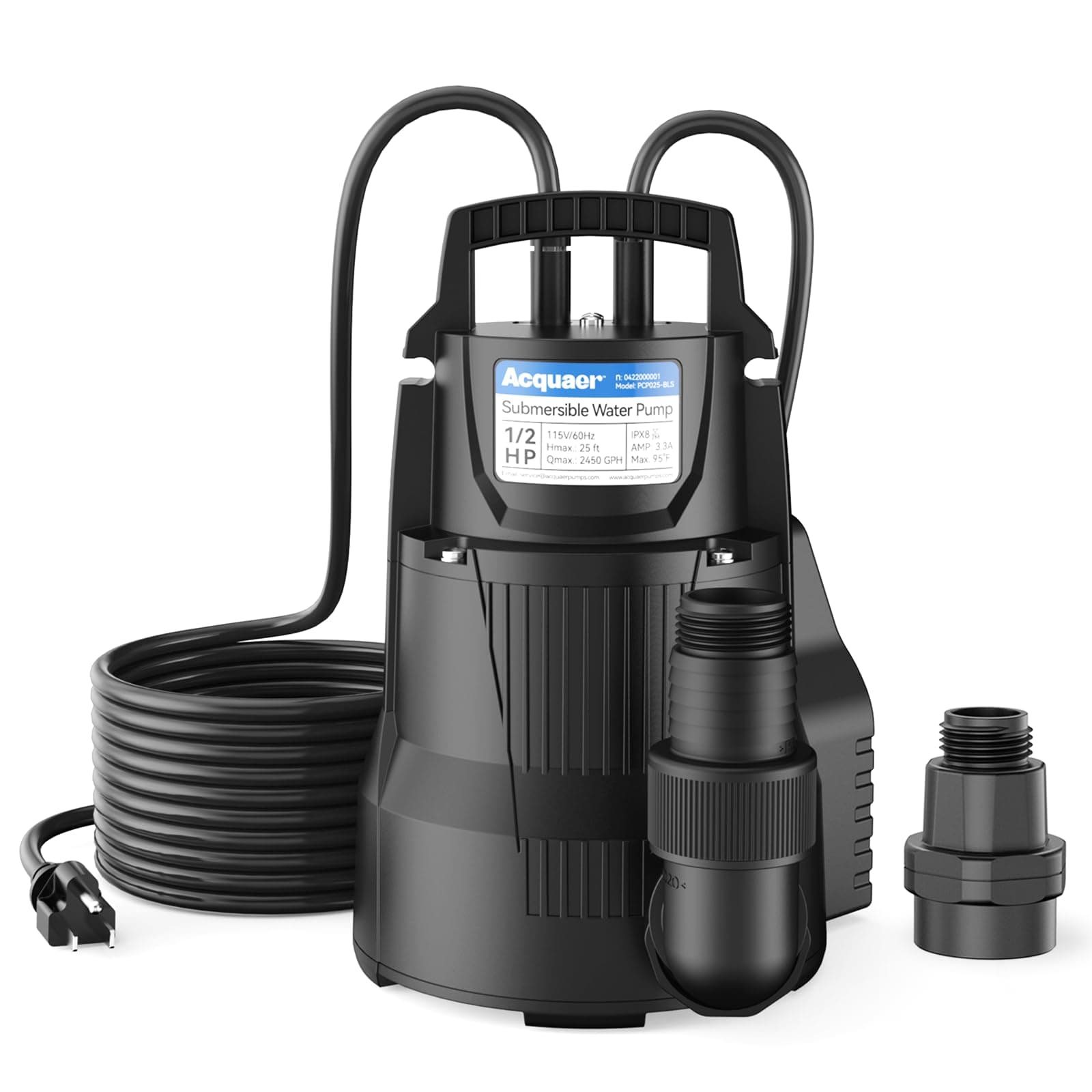 1/2 HP Automatic Sump Pump, 2450 GPH Submersible Water Pump with 3/4”Garden Hose Check Valve Adapter, Thermoplastic Utility Transfer Pump for Flooded Basement Pools Tub Draining, 19ft Cord