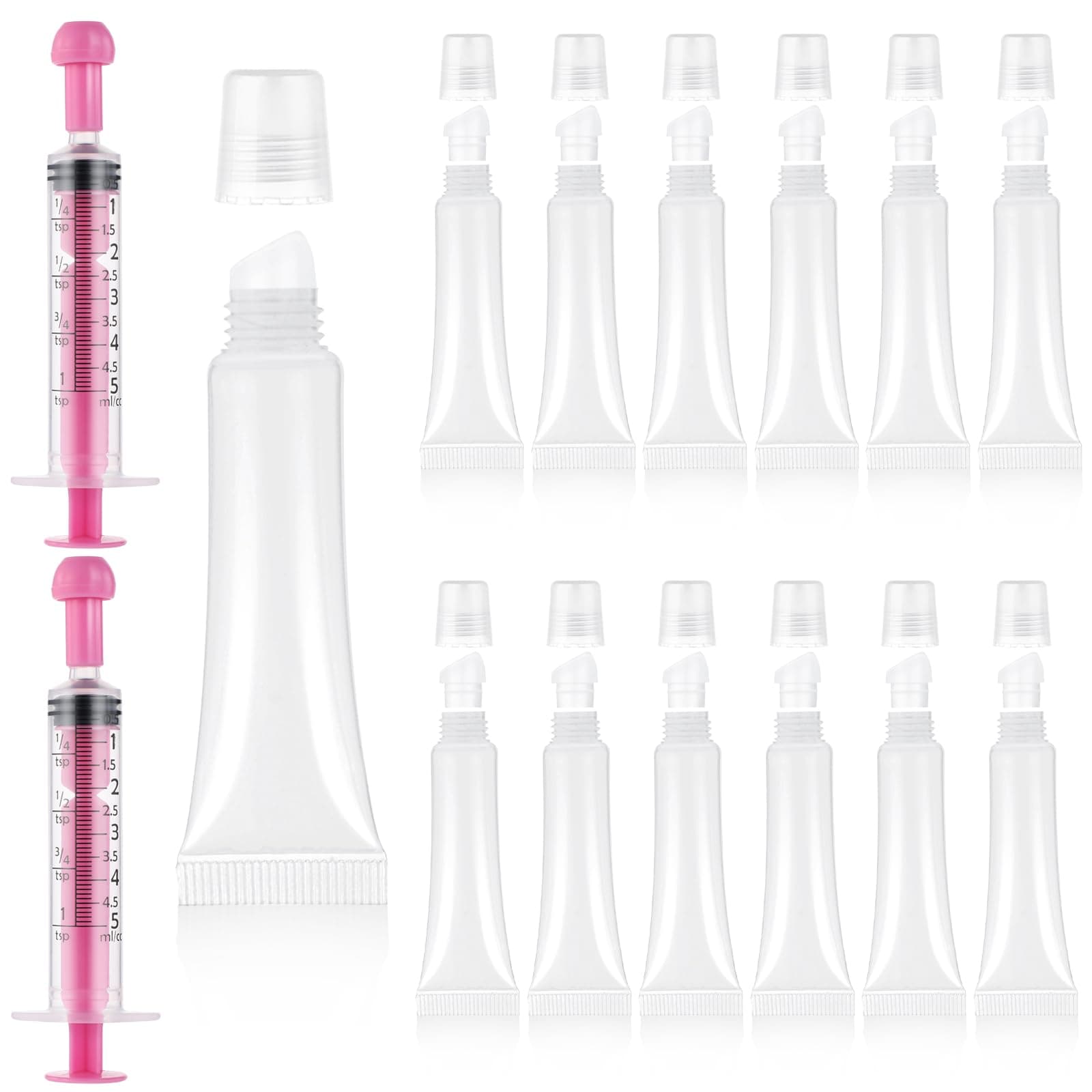 DIVINA VITAE 12Pcs Mini Lip Gloss Tubes 8ml Empty Lip Balm Tubes with 2Pcs 5ml Syringes Clear, Refillable Lip Balm Squeeze Tube for Lipstick Samples Lip Balms DIY