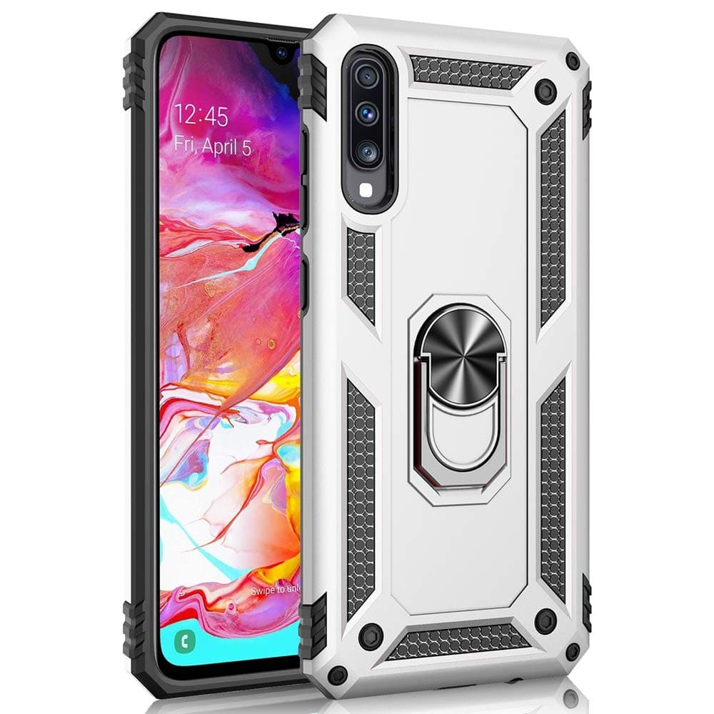 Military Grade Drop Impact for Samsung Galaxy A70 Case 360 Metal Rotating Ring Kickstand Holder Magnetic Car Mount Armor Heavy Duty Shockproof Cover for Galaxy A70 Phone Protection Case (Sliver)