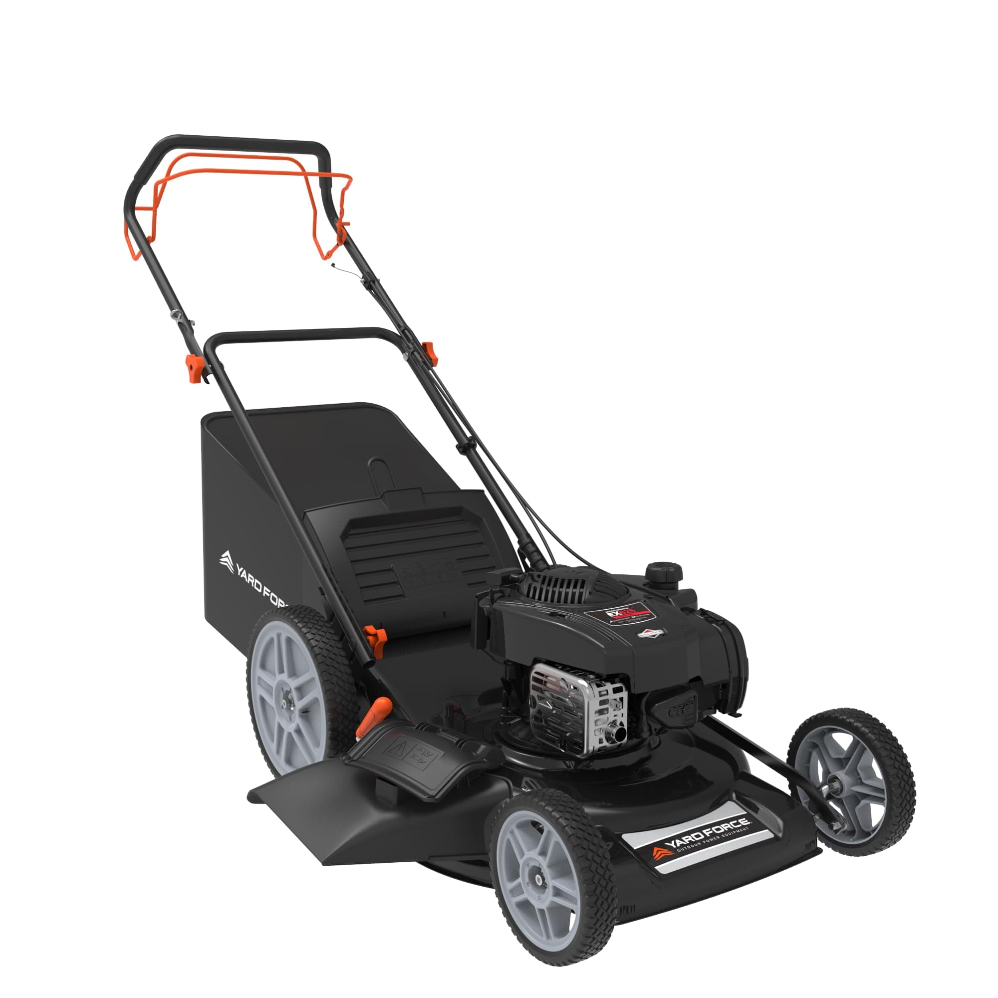 Yard Force Self Propelled Lawn Mower Briggs & Stratton 150cc Gas Engine 22-inch Steel Deck 3-in-1 Mulch, Bag, Side Discharge, 12-inch High Rear Wheels