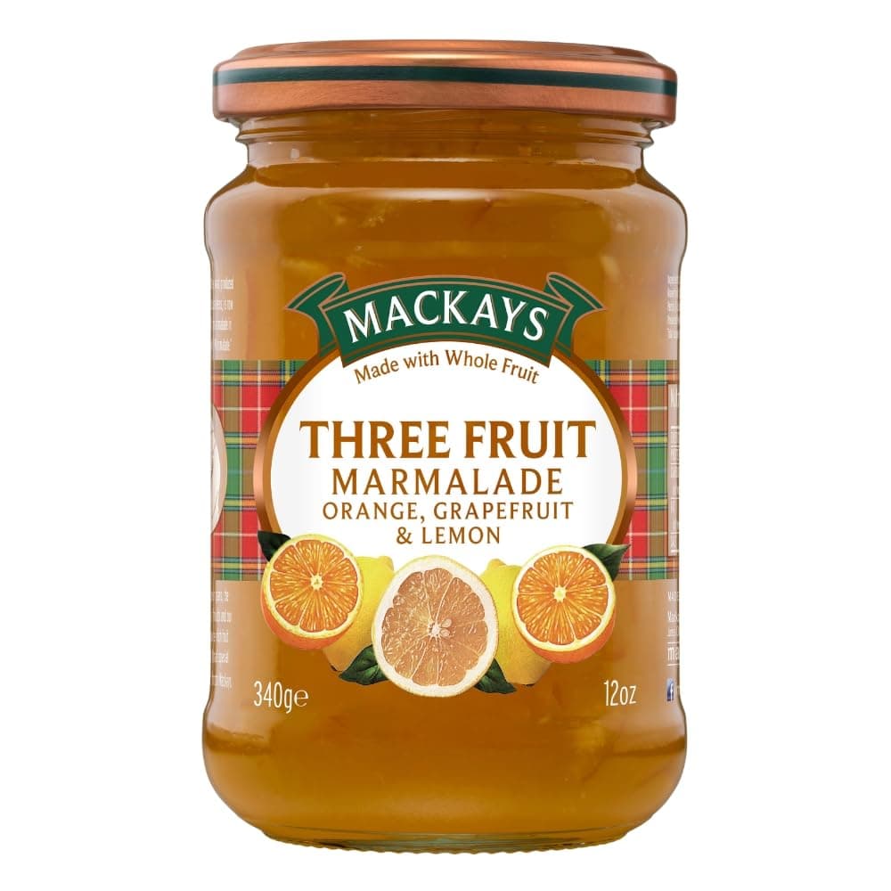 Mackays Three Fruit Marmalade Jam 340gm| Orange, Grapefruit & Lemon | Imported from Scotland | Made with Whole Fruits | Vegan | Gluten-Free | No Artificial Colors or Preservatives