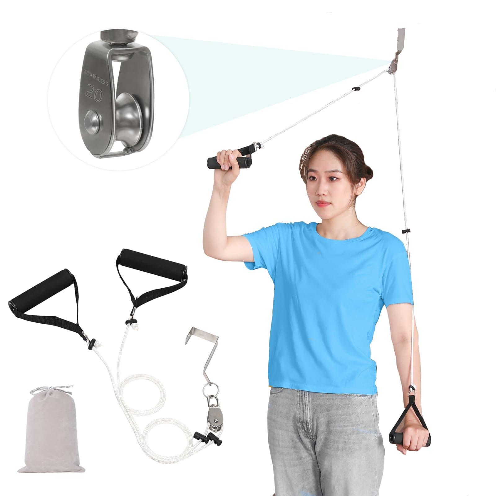 Fanwer Shoulder Pulley for Physical Therapy, Adjustable Rope Length Shoulder Pulley, Over The Door Pulley for Shoulder Rehab, Shoulder Therapy Equipment, Stainless Steel Pulley, White