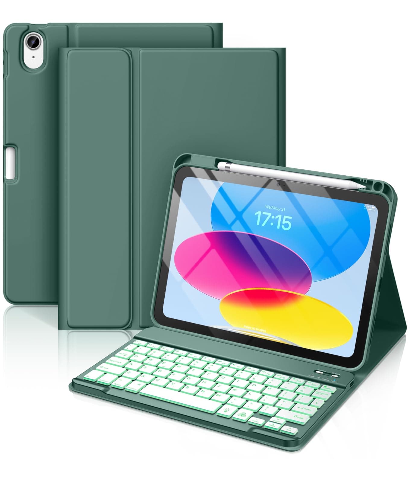 Hamile iPad 10.9 10.9 Inch Keyboard Case, 7 Colors Backlit Wireless Detachable Keyboard Case with Pencil Holder for iPad 10th Generation 2022 (Midnight Green)