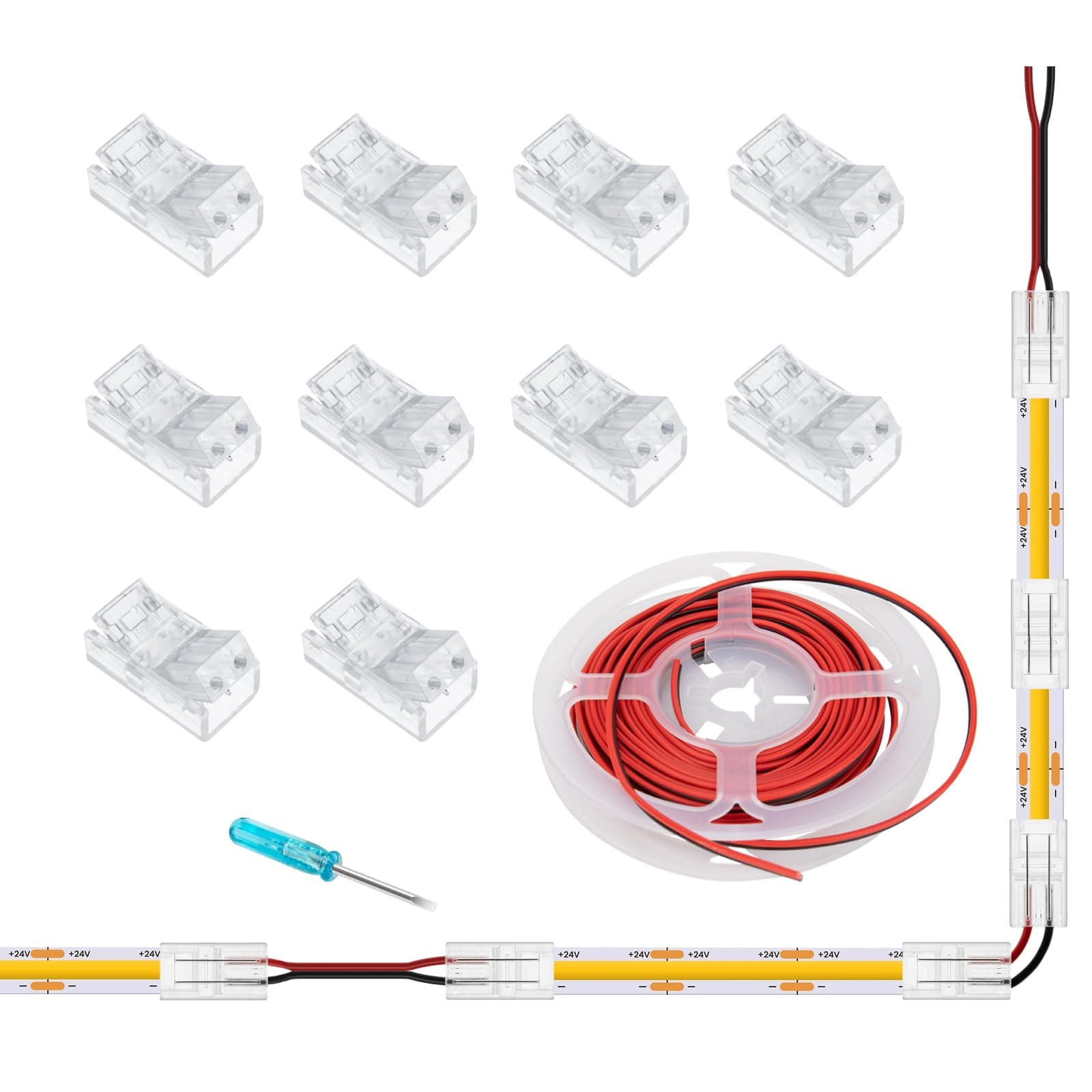 2 Pin 8mm Cob LED Strip Light Connectors Kit, 10 Pack Solderless Cob Strip to Wire Quick Connection, Include 20feet 2-Pin Extension Cable