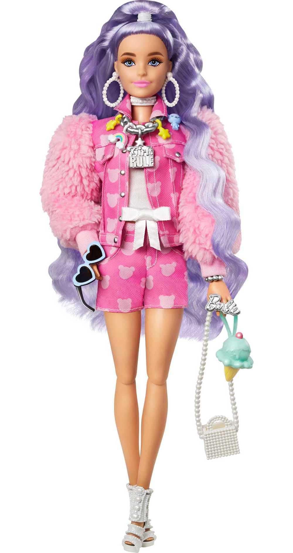 Barbie Extra Doll #6 in Pink Teddy Bear Print Denim Jacket & Matching Shorts with Pet Puppy, Long Periwinkle Hair, Layered Outfit & Accessories, Toy Gift for Kids 3 Years Old & Up, GXF08
