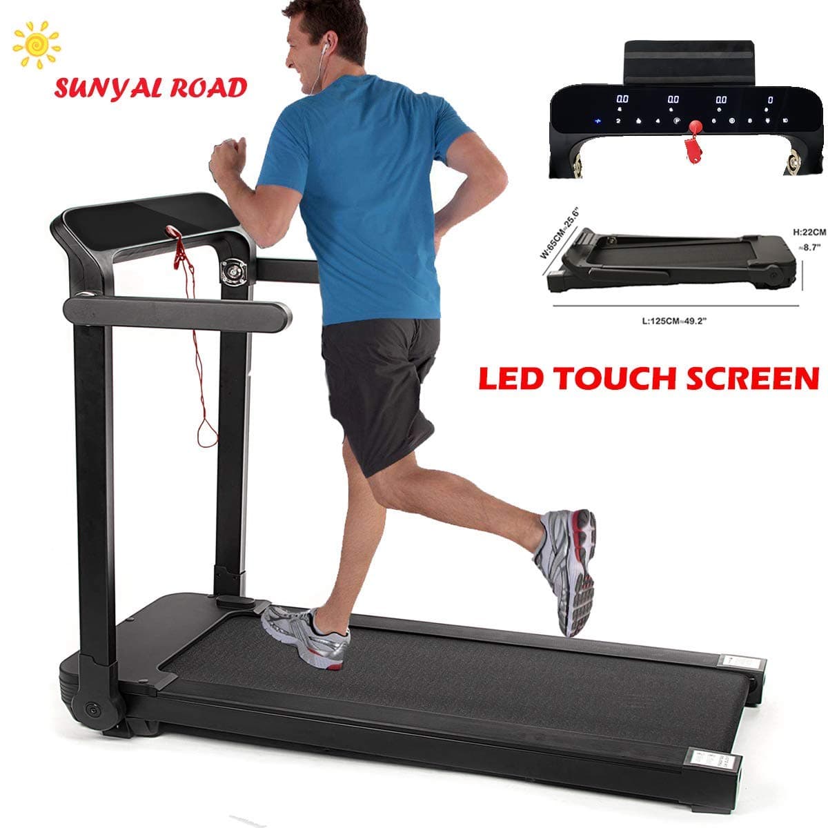 SUNYAL ROAD Electric Folding Treadmill LED Touch Screen with pad holder, 12 programs,easy assembly Treadmill for home
