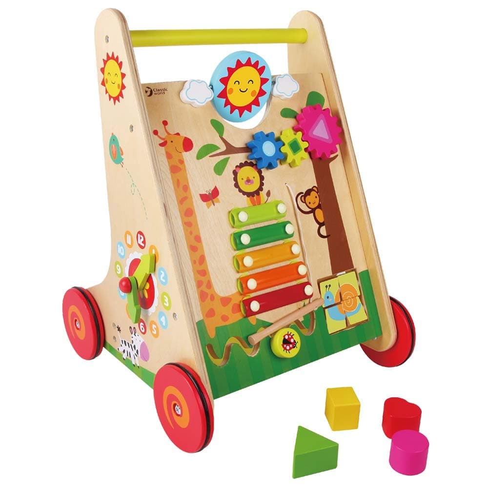 Classic WorldWooden 2-in-1 Baby Learning Walker + Activity Centre, Includes Sorting Blocks, Puzzle, Xylophone, Clock and Cogs, Made From Sustainable Wood, 35 x 35 x 47 cm, 12 Months+