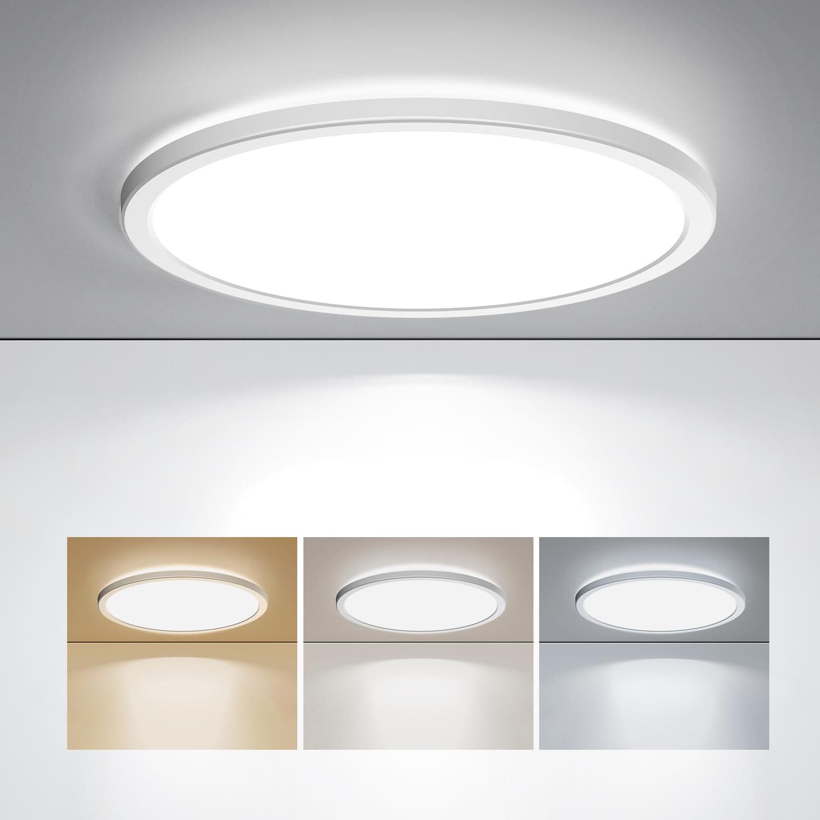 LED Flush Mount Ceiling Light, 12 Inch 24W 3000K/4000K/5000K Hardwire Light Fixture, Ultra Thin Round White Lamp for Kitchen Porch Bedroom Hallway Stairwell Basement, Non-dimmable 1 Pack