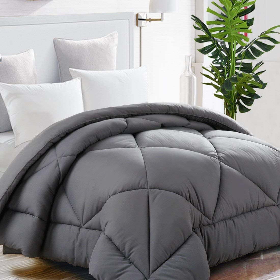 All Season Twin Comforter Winter Warm Summer Soft Quilted Down Alternative Duvet Insert Corner Tabs, Machine Washable Luxury Fluffy Reversible Collection for Hotel, Charcoal Grey 64 "x 88"