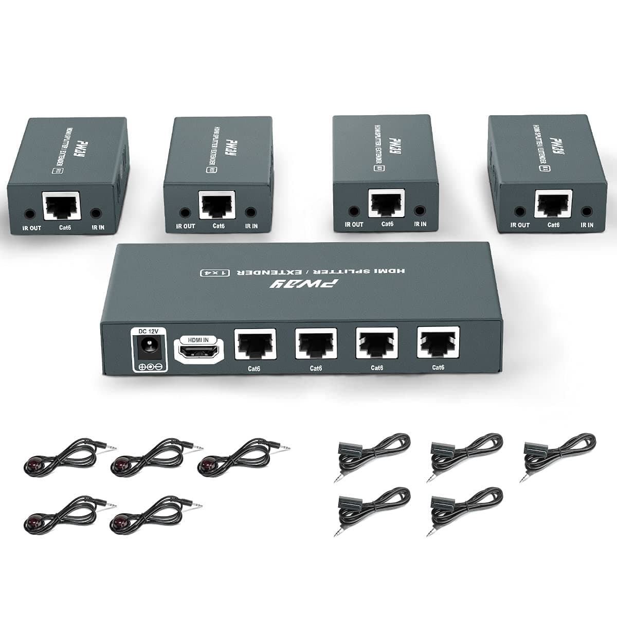 GREATHTEK1x4 HDMI Extender Splitter Over Cat5e/Cat6/Cat7 Ethernet Cable Up to 50m/165ft - EDID Management & Bi-Directional IR Remote Control & POC Function Support 1080P@60Hz 3D (1 in 4 Out / 4-Port)