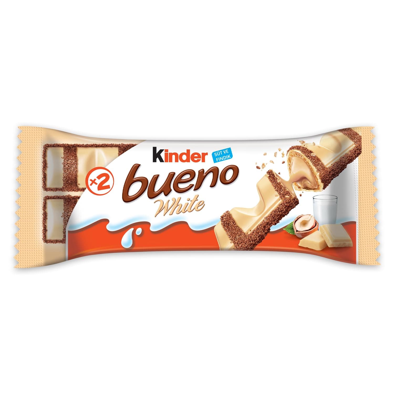 Kinder Bueno White Chocolate Bulk Box - Crispy Wafer with Creamy Hazelnut Filling & Cocoa Meringue - 30 Packs x 2 Bars (60 Bars Total) - Wholesale Case