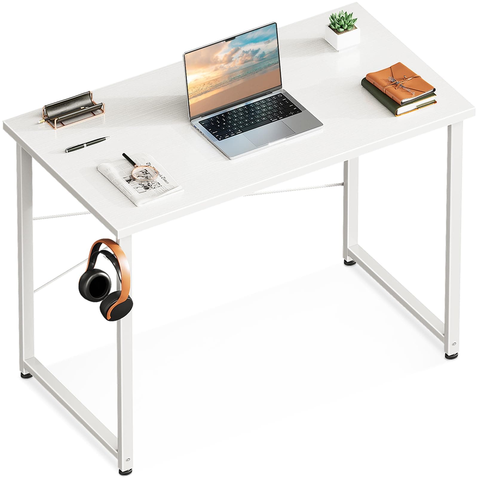 Casaottima 32 Inch Small Computer Desk for Home Office, Study Writing Table for Small Spaces, Simple Modern Desk with Headphone Hooks, Pure White