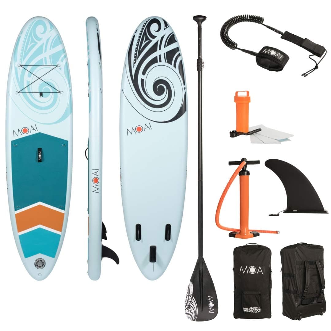 MOAI Inflatable SUP, Stand Up Paddle board (10ft 6" x 32" x 6") - Double-Layer Dropstitch Technology, Double Action Pump, Adjustable Aluminium Paddle, Repair Kit, Trolley Backpack, Safety leash