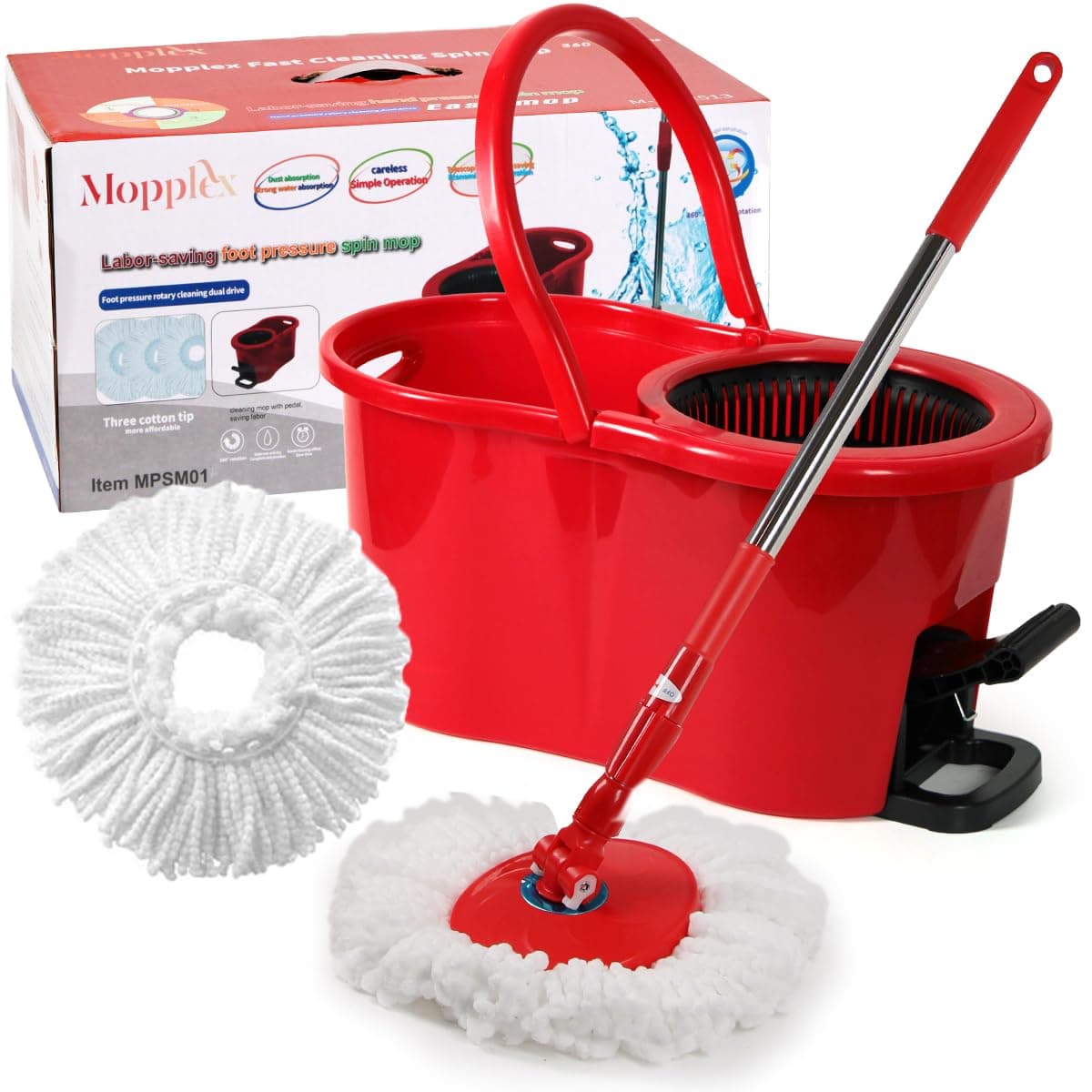 Pedal Spin Mop and 7LT Bucket Floor Cleaning System with 3 Extra Microfiber Mop Replacement Refills - Labor-Saving Foot Pressure Spin Mop with Adjustable Stainless Steel Handle for Floor Cleaning