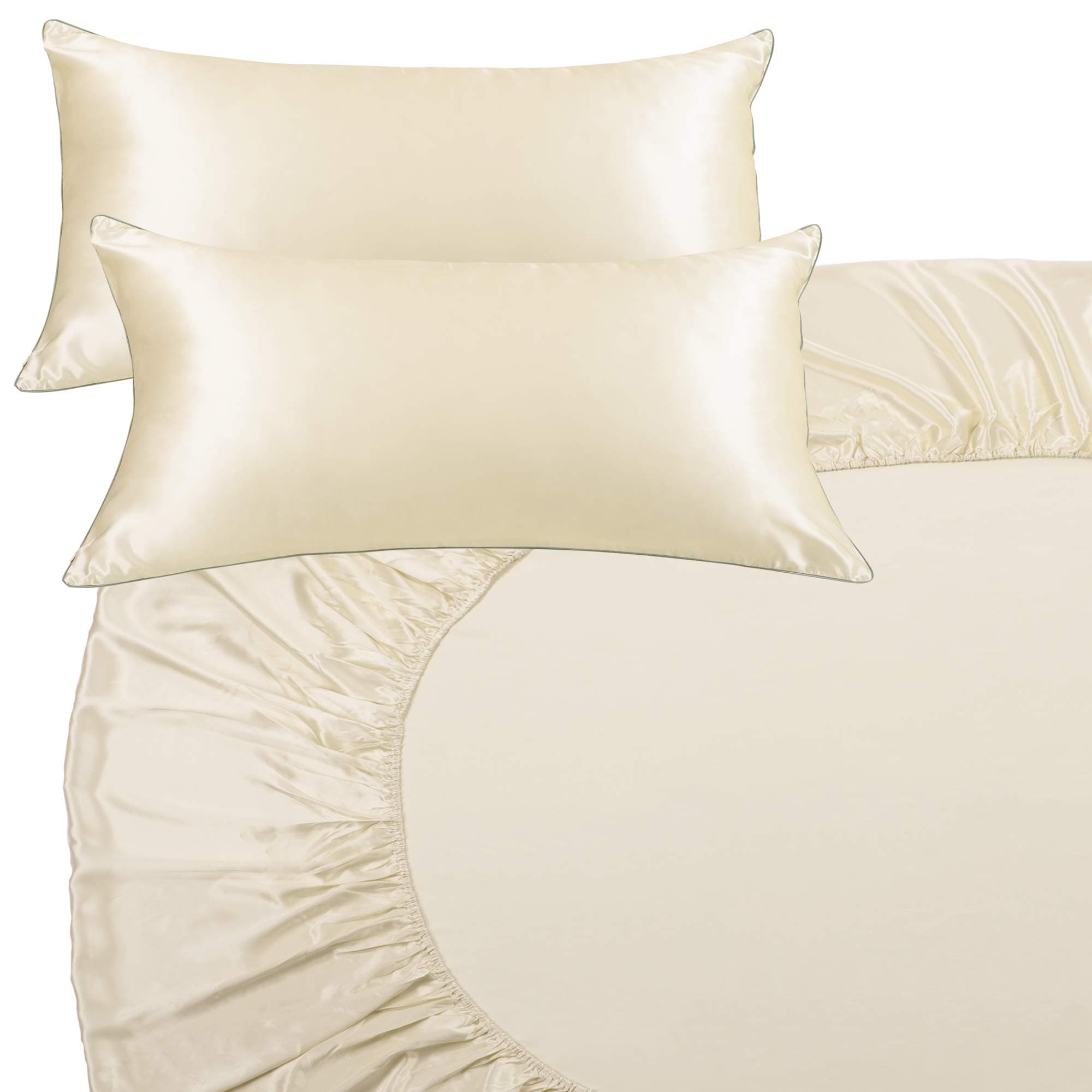 Vogue Silk 100% Mulberry Silk 3-Piece Bed Set (Fitted Sheet + 2 Pillowcase Set) for The Luxury Sleep Your Skin Deserves in Best Natural Fabric. Protect Skin and Hair at Night! (Pearl, King)