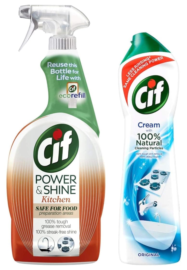 Kitchen Cleaner, Power & Shine, 700 ml & Cif Original Multipurpose Surface Cleaner Cream for Kitchen & Bathroom, Ocean Breeze Scent, 100% Dirt Removal with Natural Cleaning Particles, 500 ml COMBO