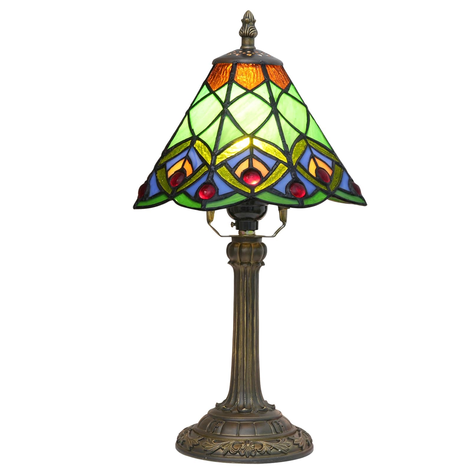 Tiffany Small Stained Glass Table Lamp Green Peacock Tail Bedroom Bedside Desk Light For Office Dormitory Bar Decorate Retro Style Unique Cute Accent Decor Cottage 8 Village Nightstand Lamps