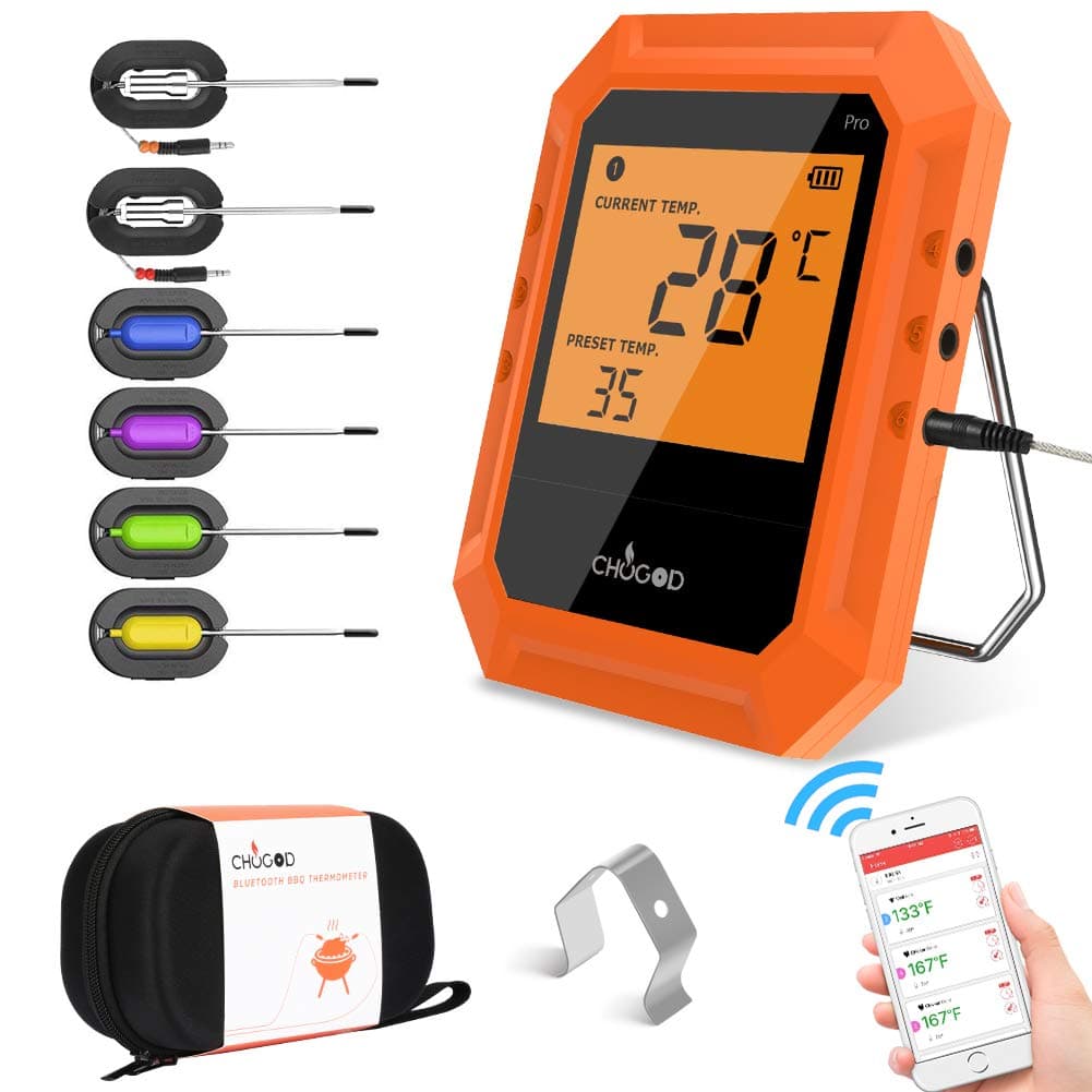 Meat Thermometer BBQ Thermometer Cooking Food Wireless Bluetooth Digital Thermometer- 6 Stainless Steel Probes/Carrying Case for Smoker Grilling Oven Kitchen Support iOS & Android FDA approved