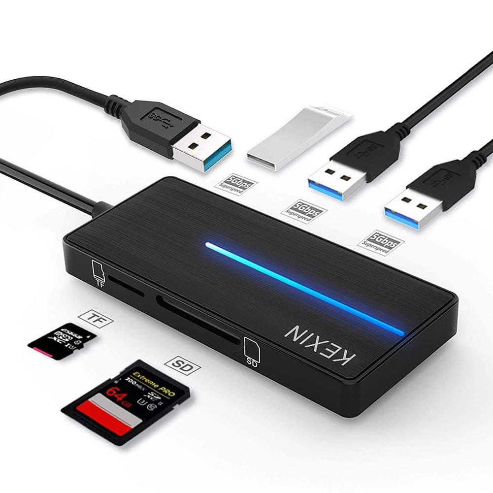 KEXIN Ultra USB 3.0 Data Hub 3-Port+SD&TF Card Reader USB Hub for USB A Devices Lightweight Fast Speed (Black)