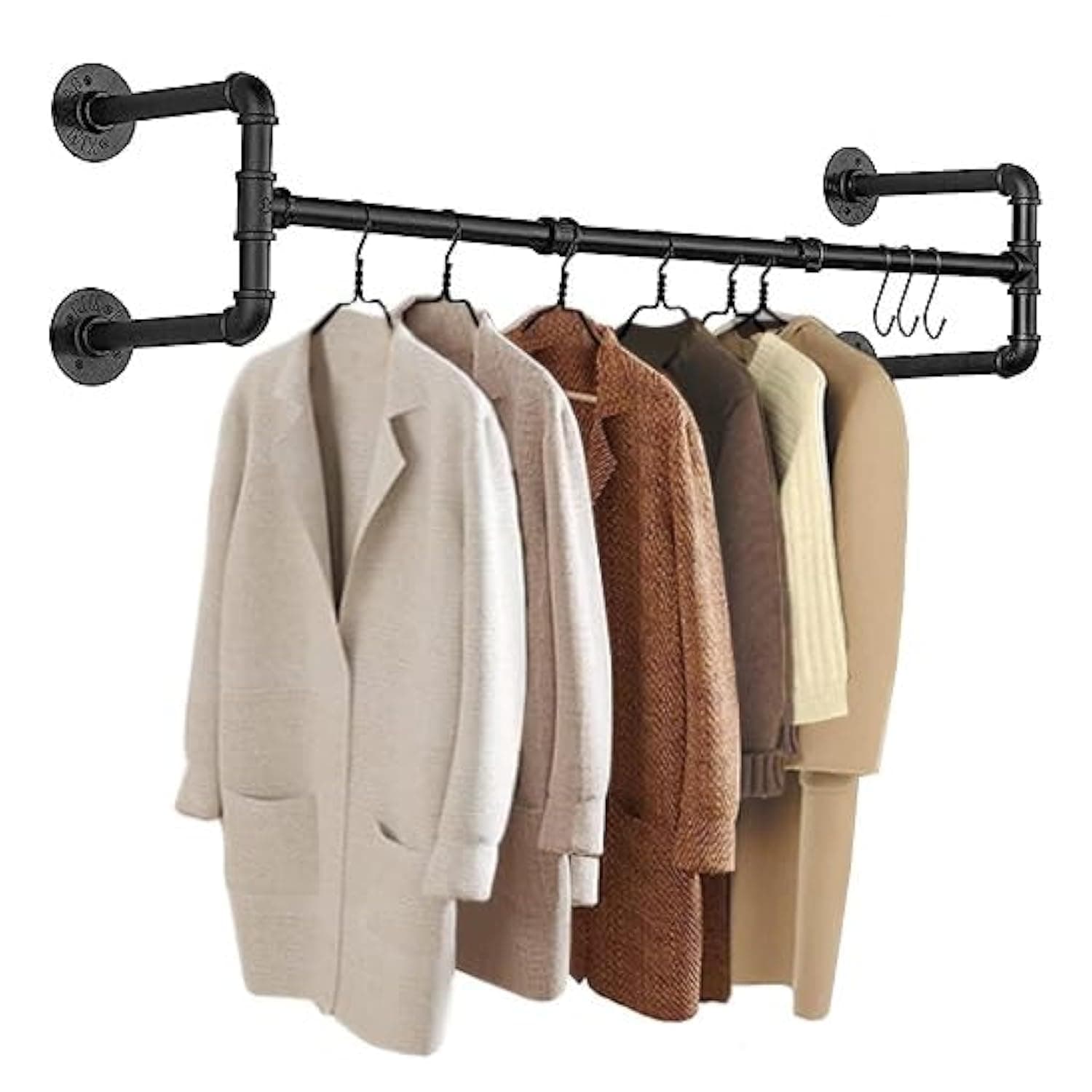 Industrial Garment Rack Industrial Pipe Clothes Rack, Wall Mounted Iron Garment Bar with Hooks, Heavy Duty Metal Clothing Pipe, Iron Pipe Clothing Garment Rail Hanging Rod Bar, Display Clothes Rod
