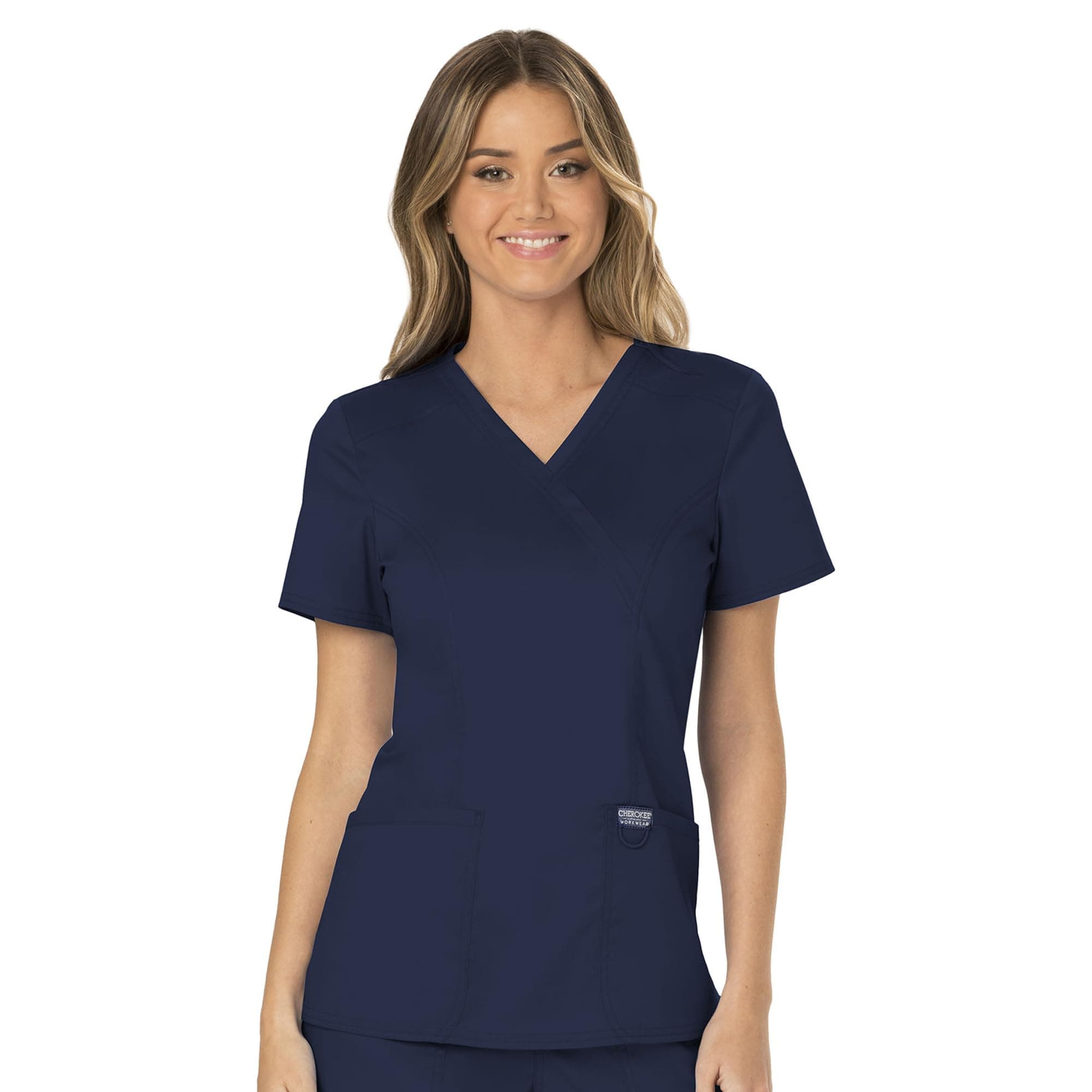 Cherokee Scrubs Top for Women Mock Wrap with 3 Pockets, Soft, 2-Way Stretch & Durable Fabric - WW610