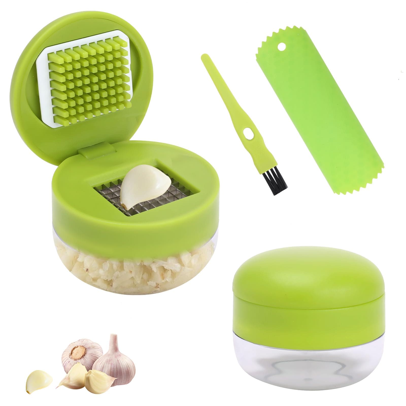 Garlic Press Set, 2-Piece Garlic Crusher with Silicone Peeler, Cleaner Brush, Stainless Steel Blades, Easy to Use for Shredded Ginger and Fruit