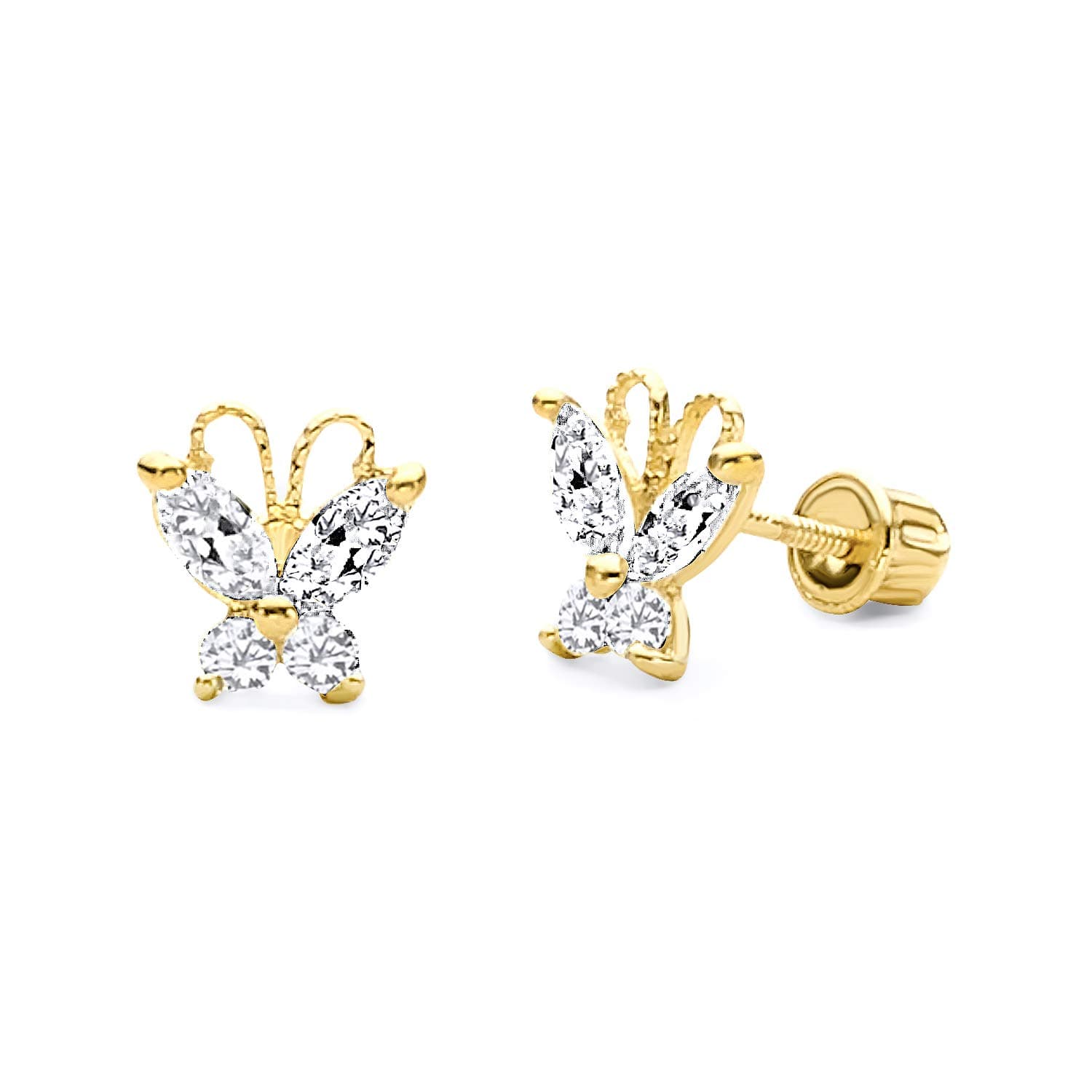 14k Yellow Gold Butterfly Stud Earrings with Screw Back - 4 Different Color Available