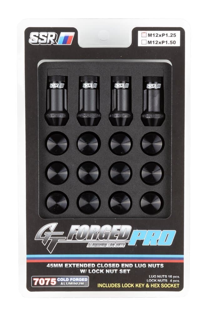 SSR Wheels 1SB2CE314BL GT-Forged Pro Extended Closed End Lug Nuts M12x1.25 Black (20 Pcs w/Hex Socket & Lock Key)