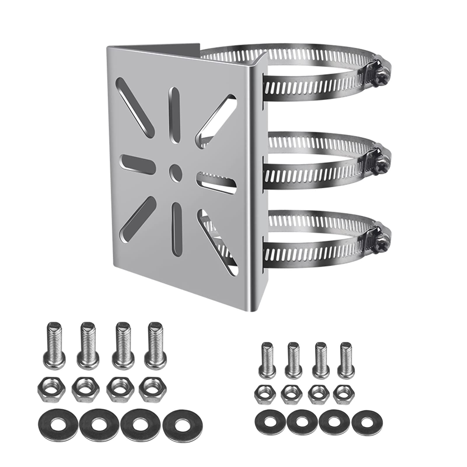 WiTi Universal Vertical Pole Mount for Security Camera, Stainless Steel Mounting Corner Bracket with 3 Loop Pipe Clamps, Suitable for CCTV Cameras LED Wall/Stage Lights, Solar Panels (small size)