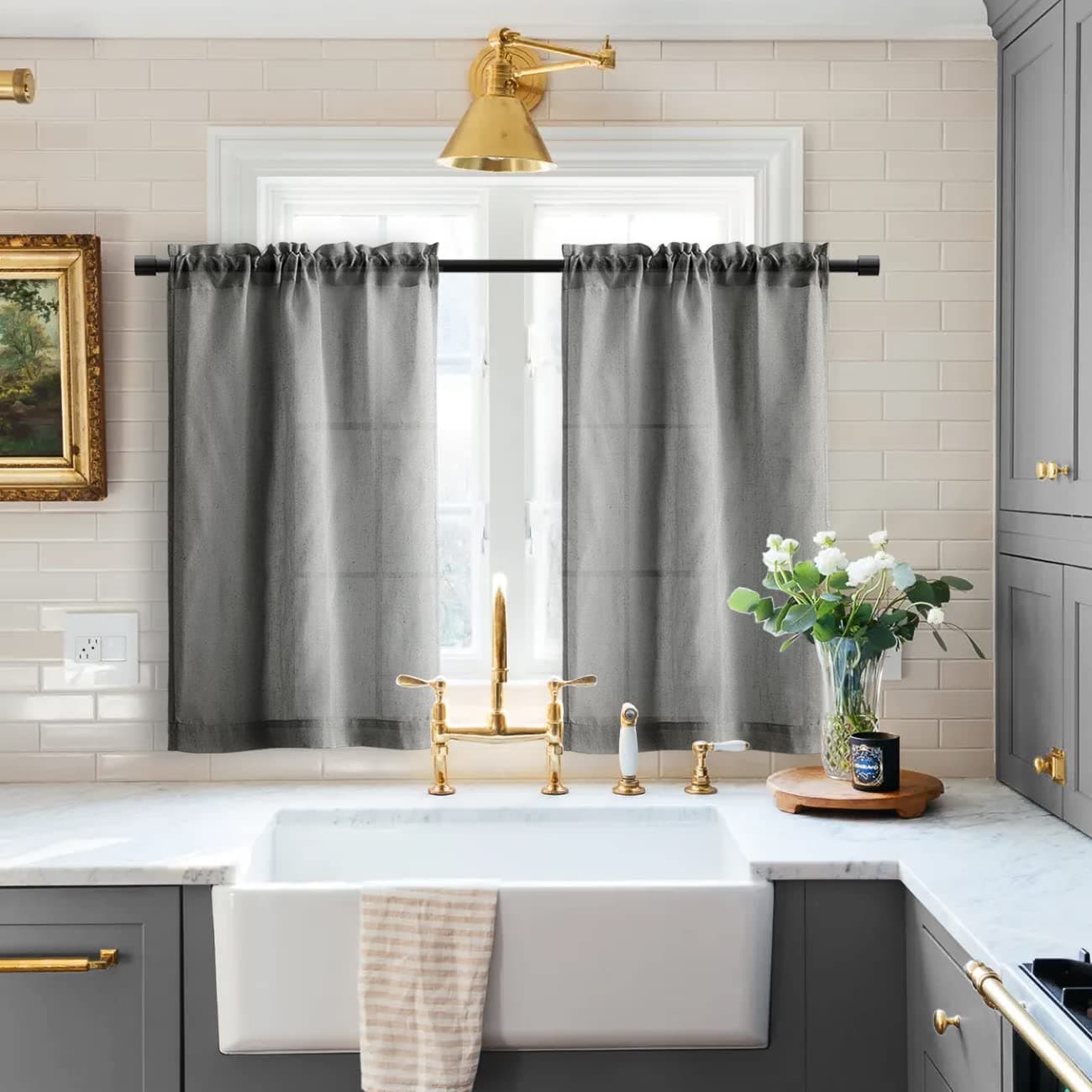 Dark Grey Kitchen Curtains Rod Pocket Airy Soft Small Semi Sheer Charcoal Linen Short Curtains for Bedroom 2 Panels Set Basement Bathroom Decor Living Room Bay Windows Decorations 36 Inch Length