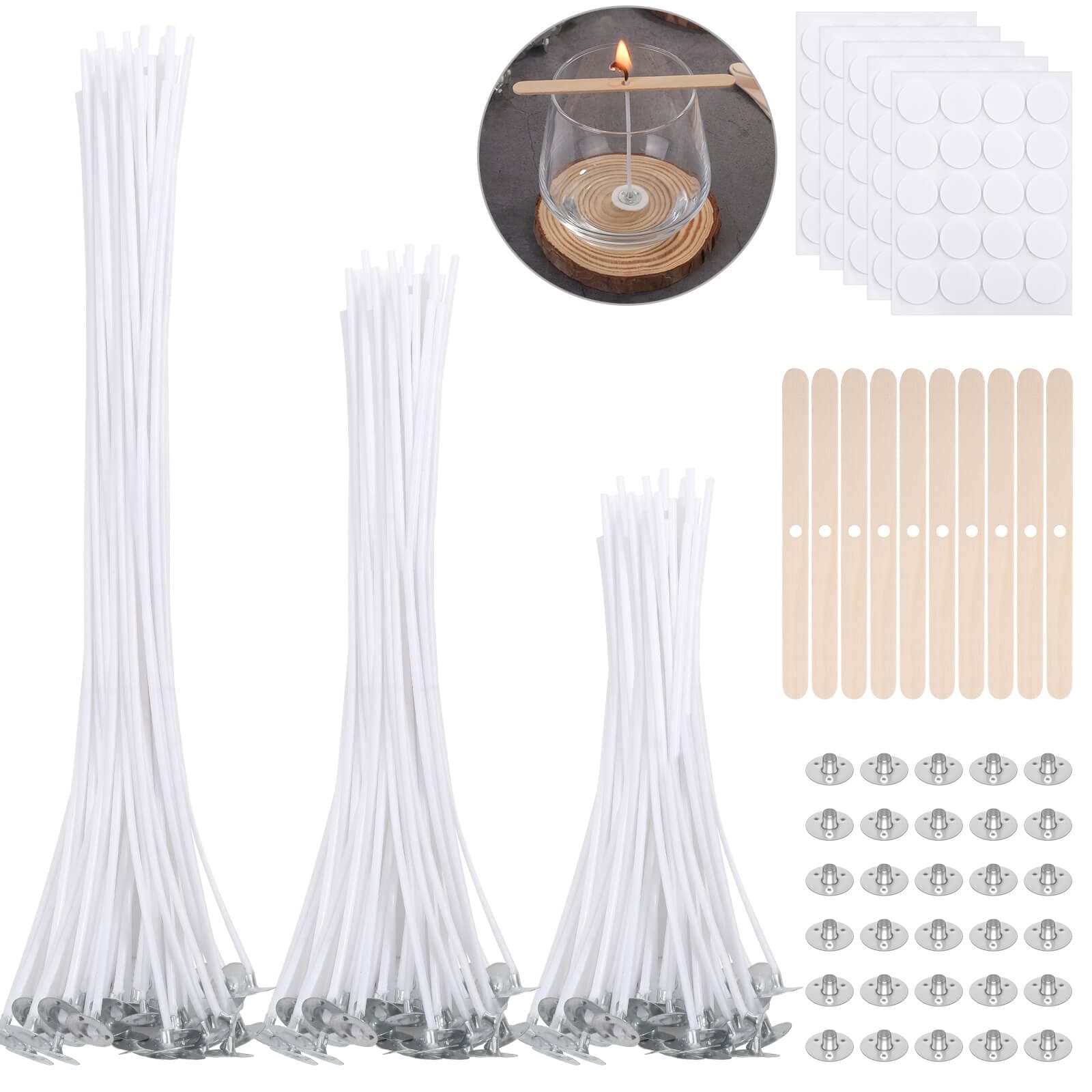 240pcs Candle Wicks Set, 100pcs for Making (4/6/8'') with Glue Dots, 10pcs Wick Holders & 30pcs Tabs, Long Lasting No Black Smoke DIY Candles Crafts, White, 18×16×2.5, AJ0093