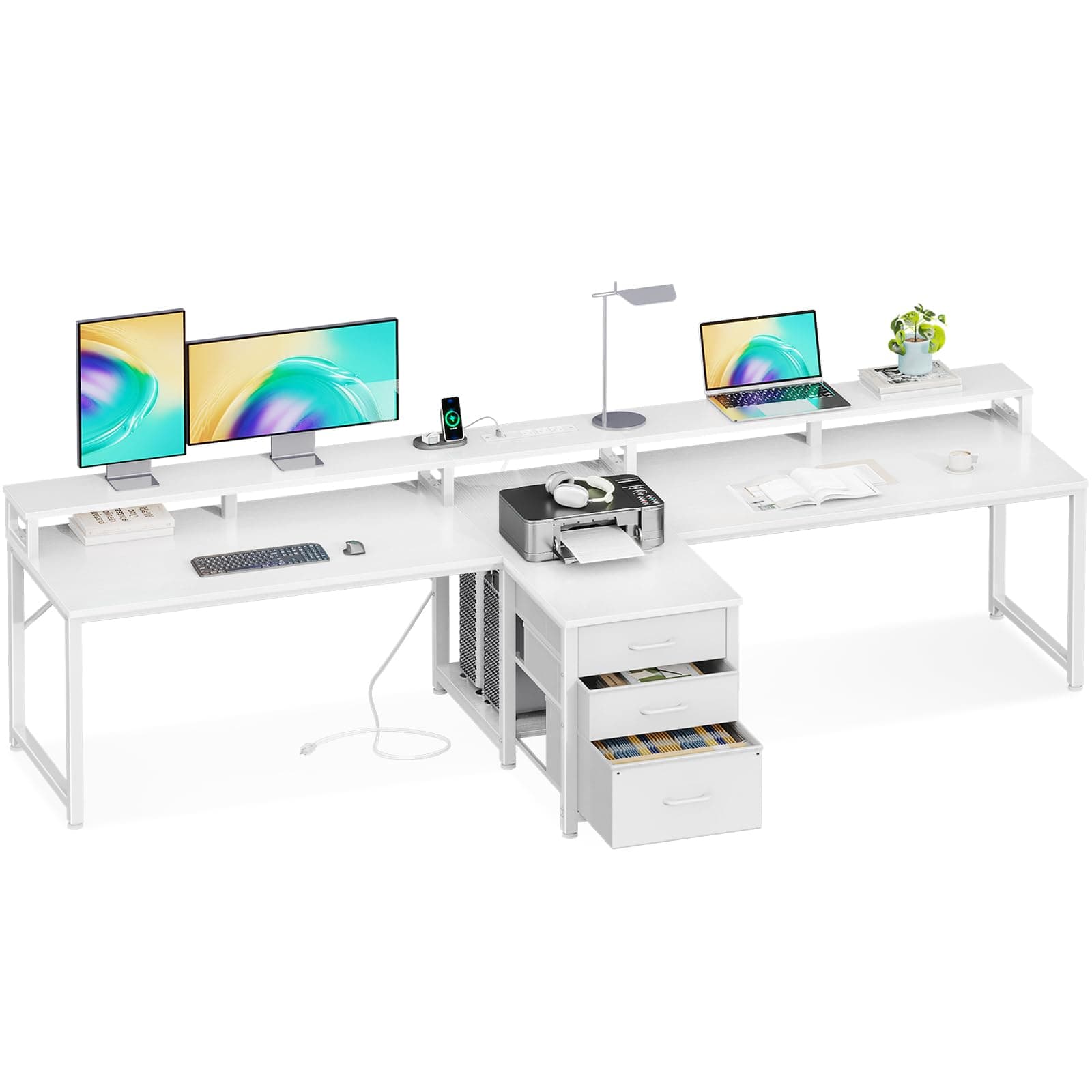 Coleshome 94" Two Person Computer Desk with Power Outlet & USB Ports, Extra Long Home Office Desk with Fabric Drawers, File Cabinet & Monitor Stand, White