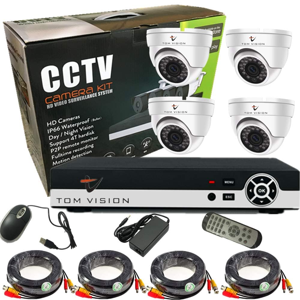 Tomvision 4Channel AHD CCTV Kit 960P/2.0MP Camera 4CH Kit with Hybrid 5in1 1080N DVR Security Recording System with 4pcs Plastic Indoor Dome Camera Alarm System&P2P Clouds Home Security