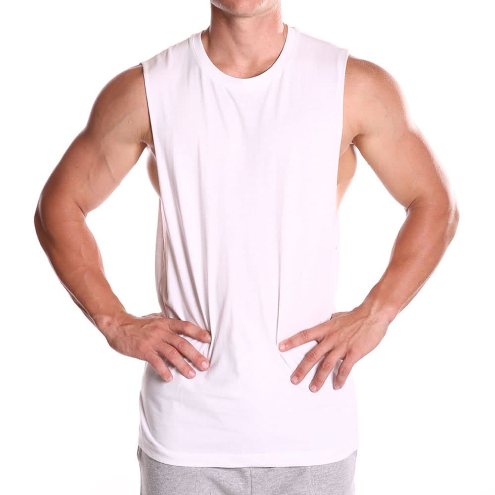 New Muscle Deep Cut Gym Singlet Training Racerback Y T Back Cotton Tank Barn W White