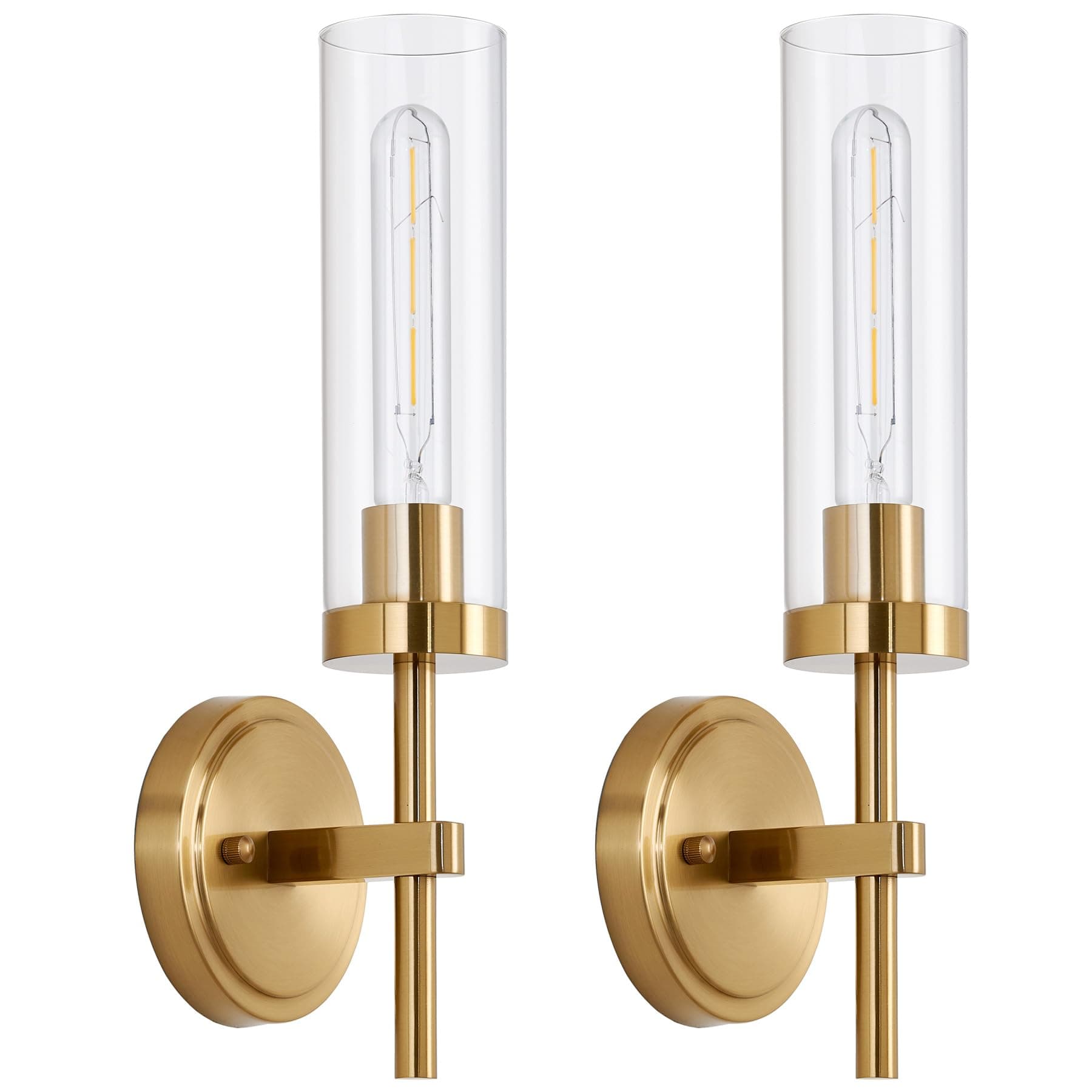 Hardwired Gold Wall Sconces Set of 2, Modern Bathroom Sconces Wall Lighting Vanity Light Fixtures with Clear Glass, Brushed Brass Wall Decor Lights for Mirror Living Room Bedroom Hallway Stairwell