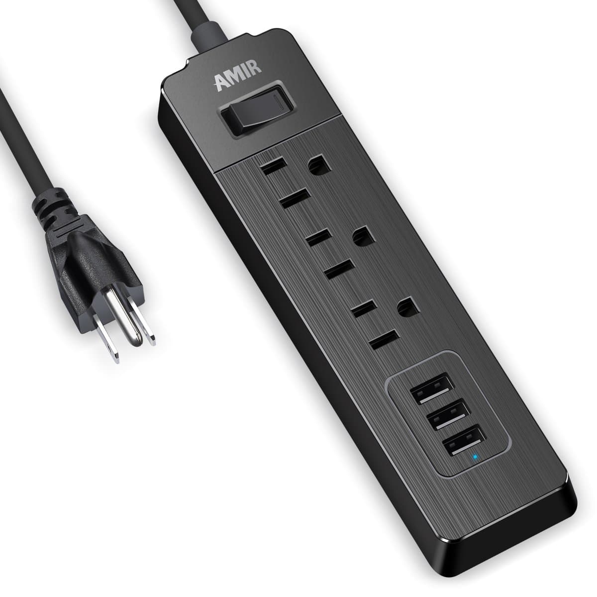 AMIR Power Strip USB Desktop Charger, 3 USB Port + 3 AC Outlet, Surge Protector Power Strip Travel Charger (AC 100-240V), Charging Station with 1.8m/5.9ft Extra Long Power Cord, Rotating Plug (Black)