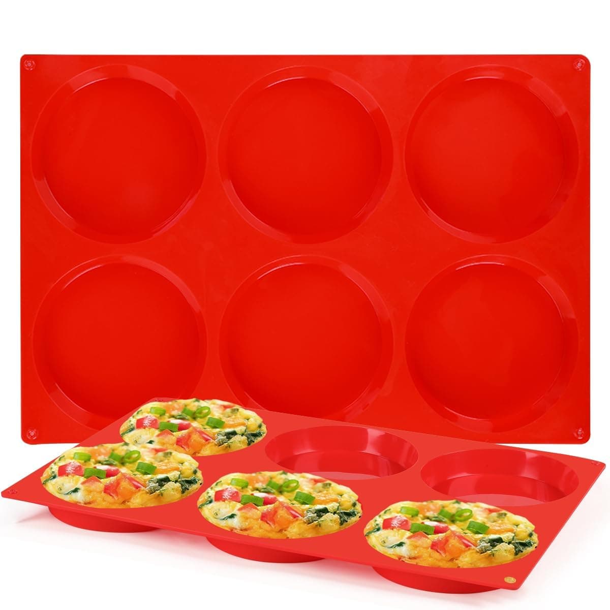 CAKETIME Jumbo Muffin Top Pan, Silicone Egg Molds for Breakfast Sandwiches 4 Inch Large Baking Pan for Oven English muffins, Whoopie Pies, Corn Bread, Tarts 2 Pack Red