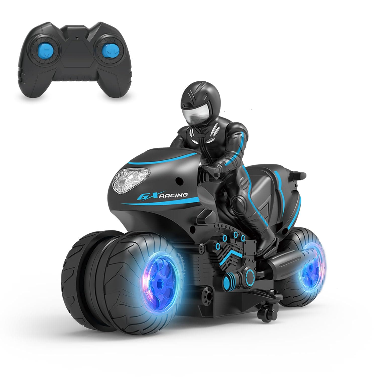 RC Motorcycle with LED Wheels, Remote Control Motorcycle 360° Spinning Wheels Stunt Motorbike - Rotating Drift 2WD High Speed Car Toys with Riding Figure - Gift for Kids Boys Girls - Blue